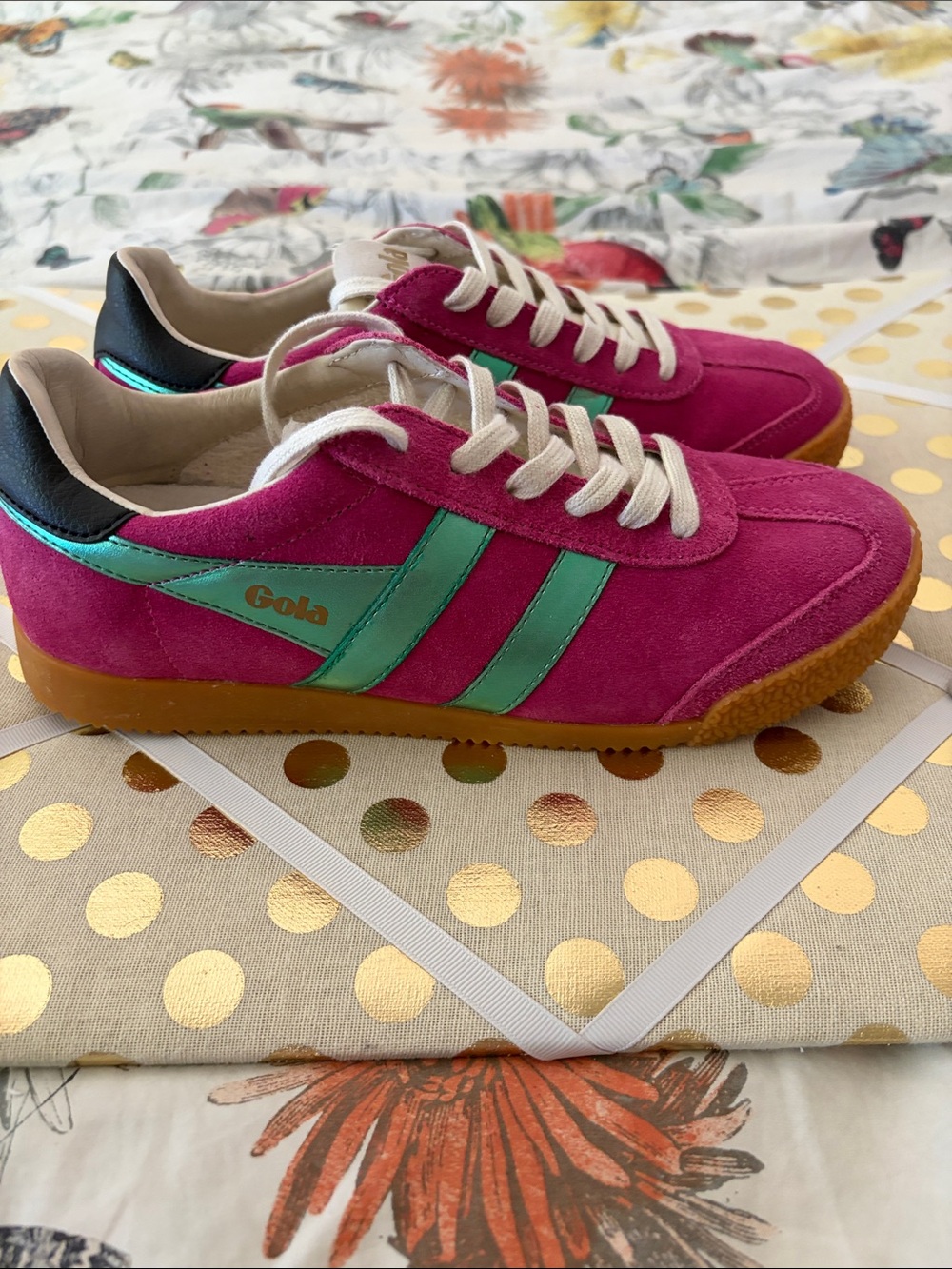 Gola Women’s Elan Fuchsia Suede Trainer Metallic Emerald Stripes 7 NWB - Picture 3 of 11